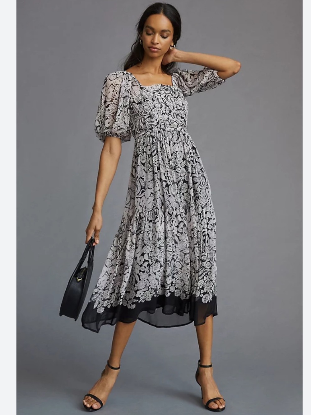 Anthropologie Black and White Lace-Print Midi Dress